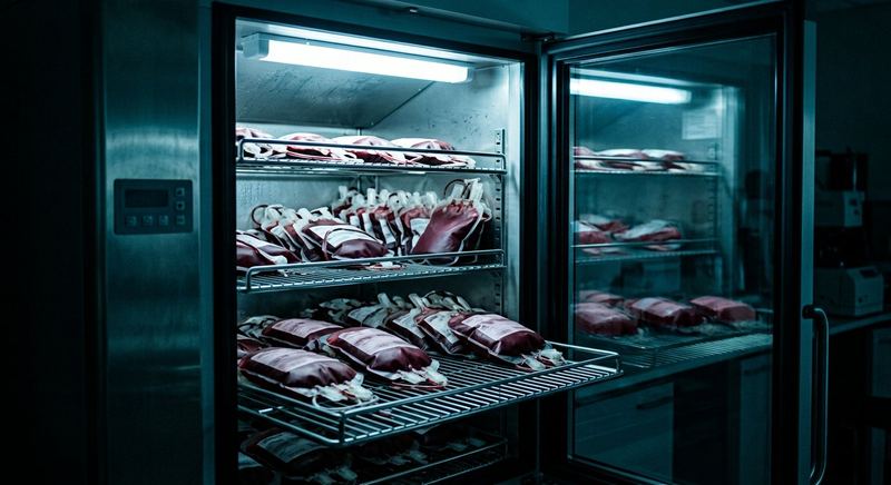 Interior of a blood bank refrigerator with wire drawer shelves and a lit temperature display