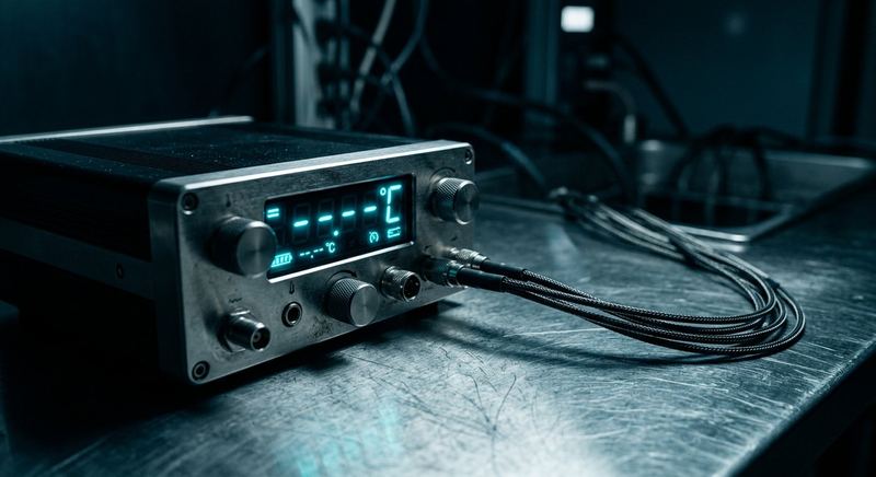 A precision digital temperature calibration instrument on a stainless steel bench with probe leads running to a chamber