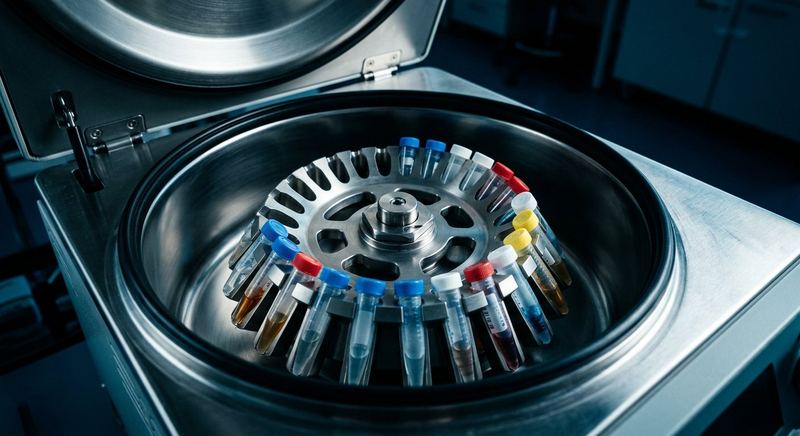An open laboratory centrifuge viewed from above, showing the angled metal rotor inside the polished chamber