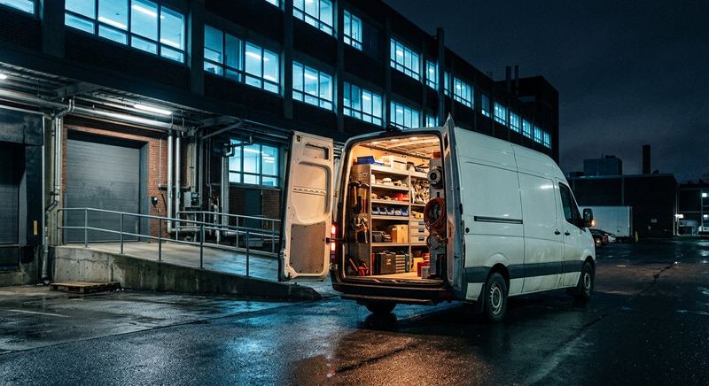 A service van at a laboratory loading dock at night with its rear doors open and tool shelving lit