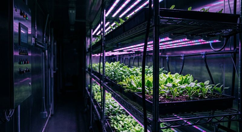 Interior of a controlled environment growth chamber with seedlings on shelves under magenta and blue LED lighting