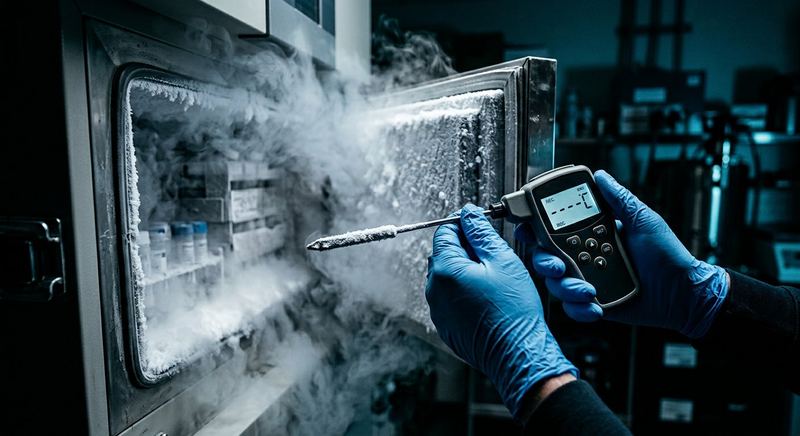 A technician in nitrile gloves holds a digital thermal probe at the open door of an ultra-low freezer as cold vapour rolls out