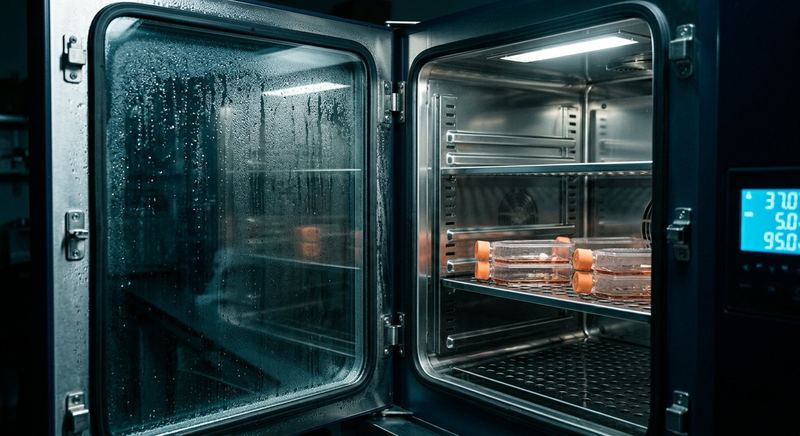 The open inner glass door of a CO2 laboratory incubator showing culture flasks on stainless steel shelves