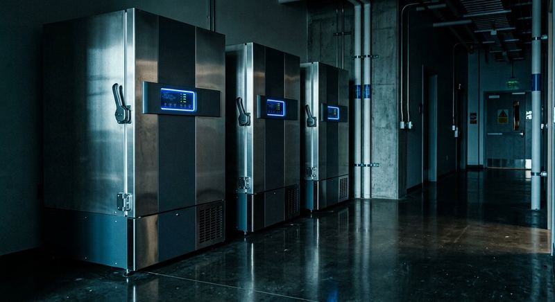 Three upright ultra-low temperature freezers standing side by side in a laboratory corridor, control displays lit