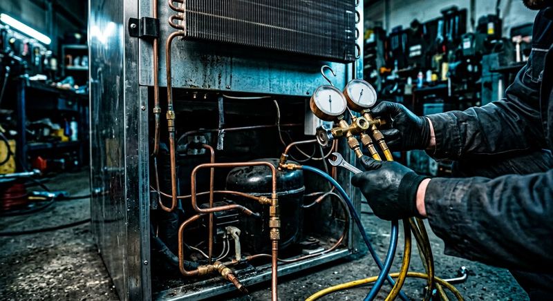 Refrigeration manifold gauges connected to the open rear service panel of a laboratory freezer, exposing compressor pipework